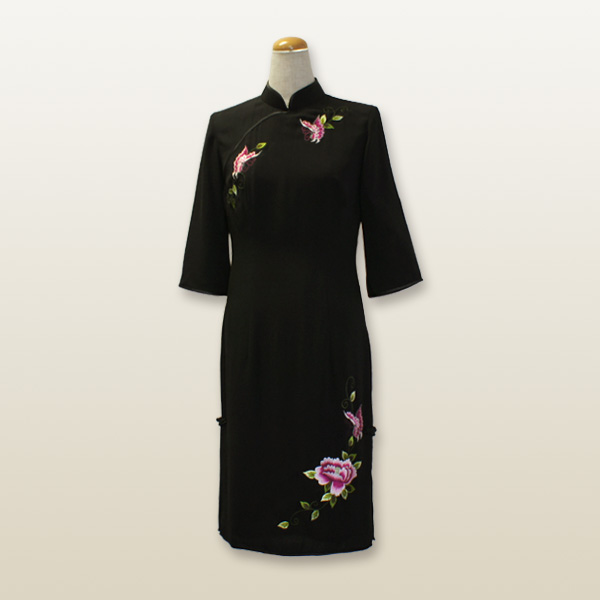 中華刺繍チャイナドレス XXXLサイズ 17号 ブラック