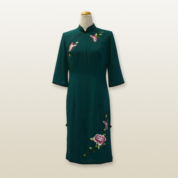 中華刺繍チャイナドレス XXLサイズ 15号 エメラルドグリーン