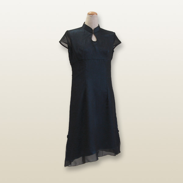 ２枚重ねデザインチャイナドレス XXXLサイズ 17号 ブラック×ライトブルー