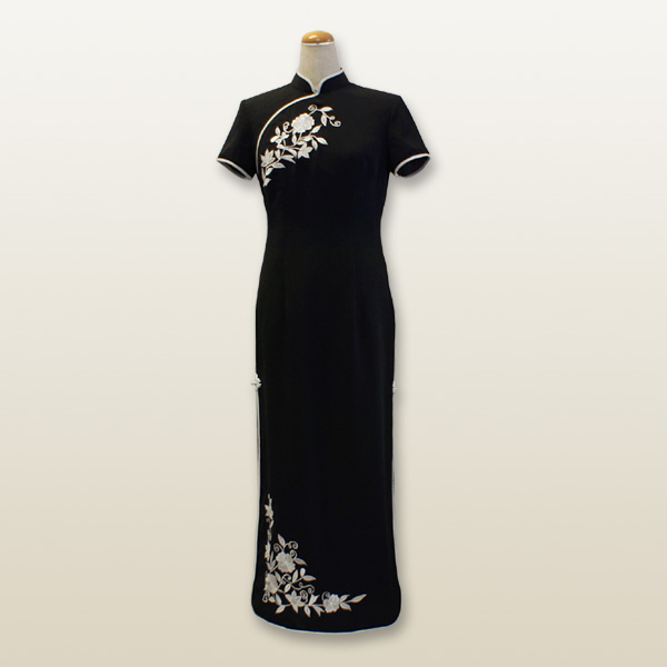 モード花刺繍チャイナドレス XLサイズ 13号 ブラック