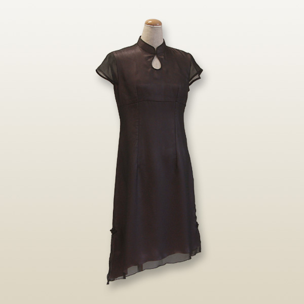 ２枚重ねデザインチャイナドレス Mサイズ 9号 ブラック×スモーキーピンク