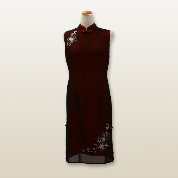 花刺繍２枚重ねチャイナドレス XLサイズ 13号 レッド×ブラック