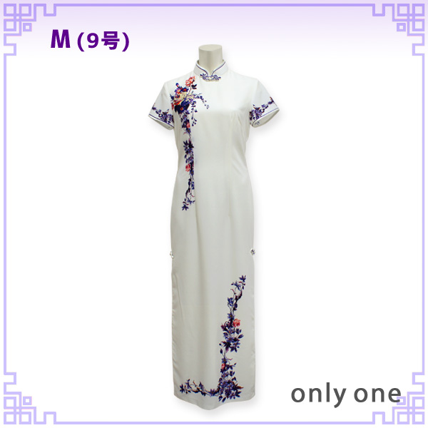 花柄チャイナドレス 半袖 ロング丈 Mサイズ 一点物